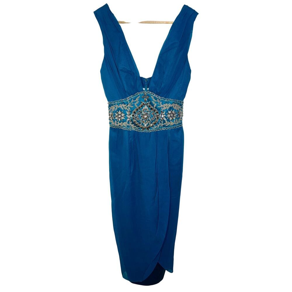 NWT Mandalay Turquoise Silver Silk Beaded Sequin Midi Evening Gown Dress Size 4